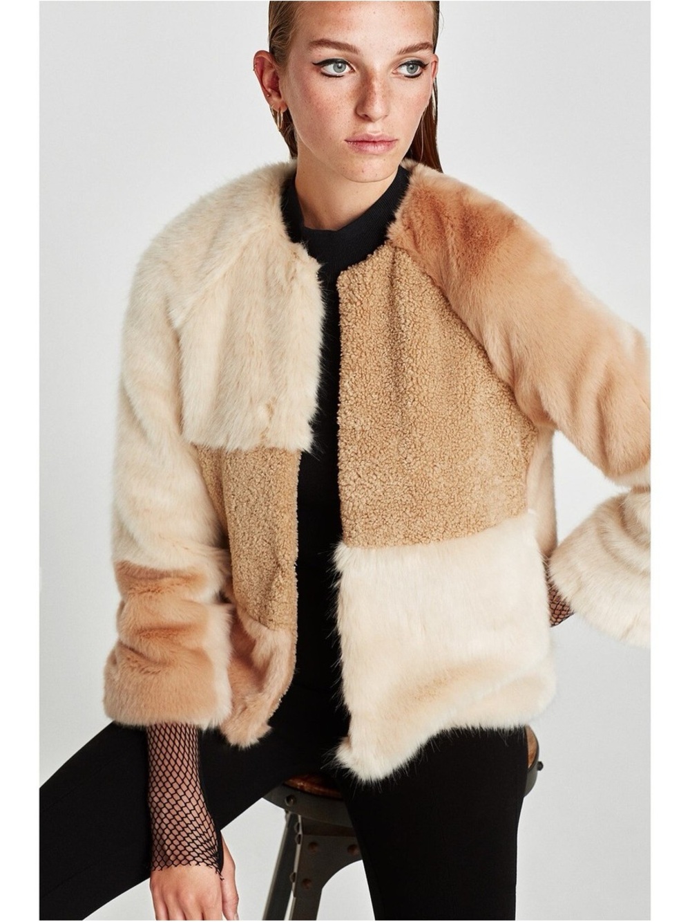 For The Republic Patchwork Teddy Jacket in Cream and Tan